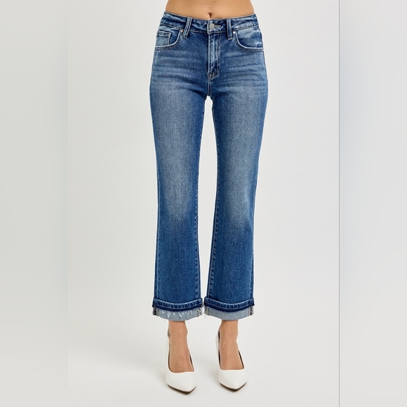 RISEN Mid Rise Dark Wash Straight Jeans Slim Ankle Cuffed Stretch Various NEW - Picture 2 of 6